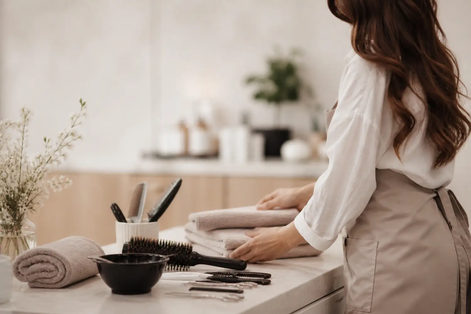 Beauty professional preparing a clean appointment station at Sahar Beauty Studio