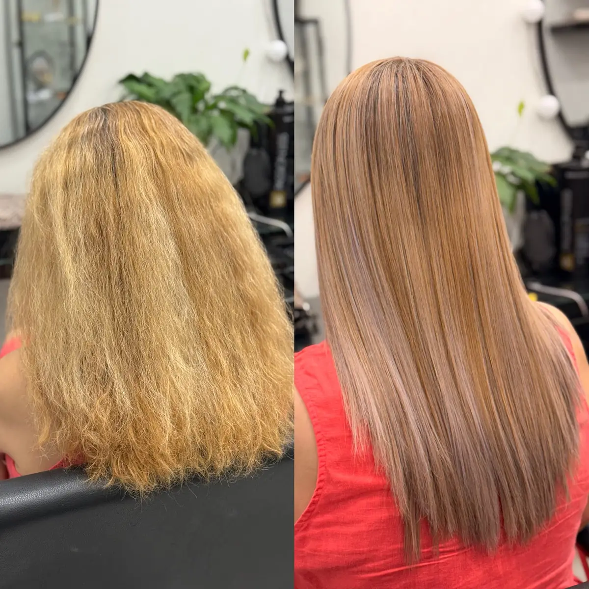 Before and after keratin treatment on highlighted hair in Thornhill
