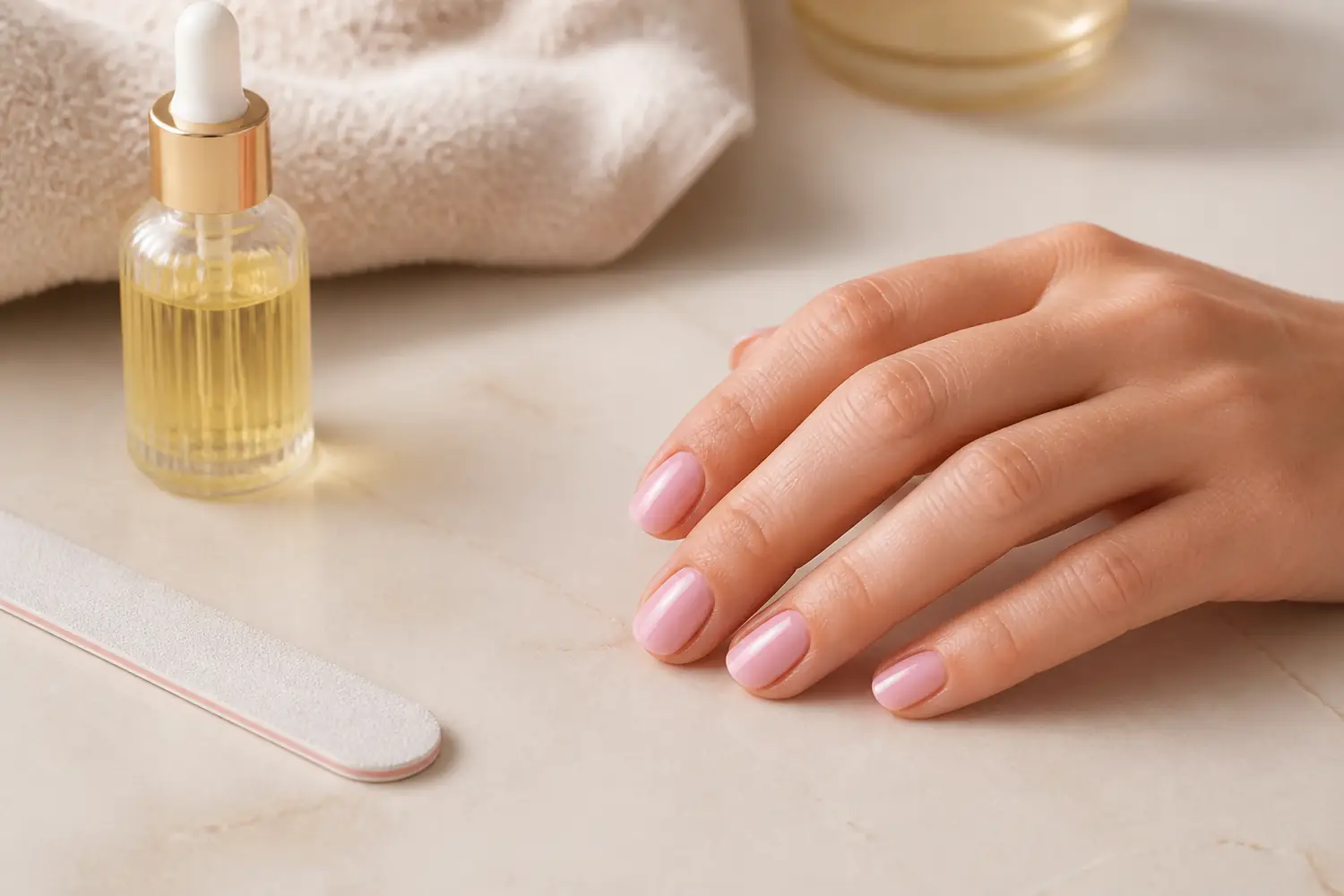 Gel manicure care with cuticle oil and elegant pink nails