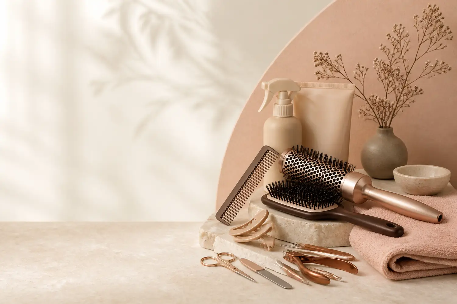 Professional hair and nail tools arranged in a calm beauty studio