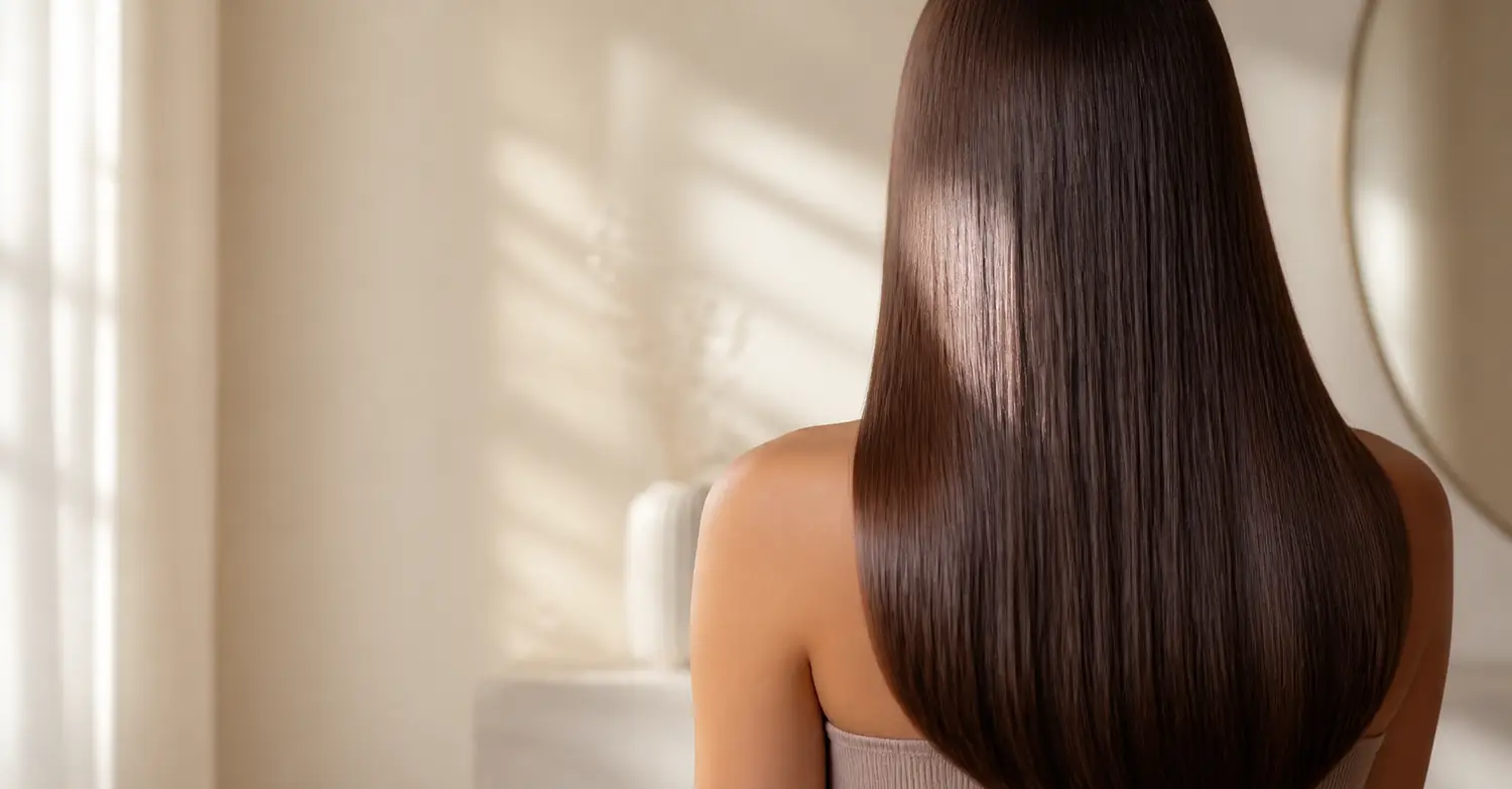 Glossy smooth brunette hair after a professional smoothing treatment in Thornhill