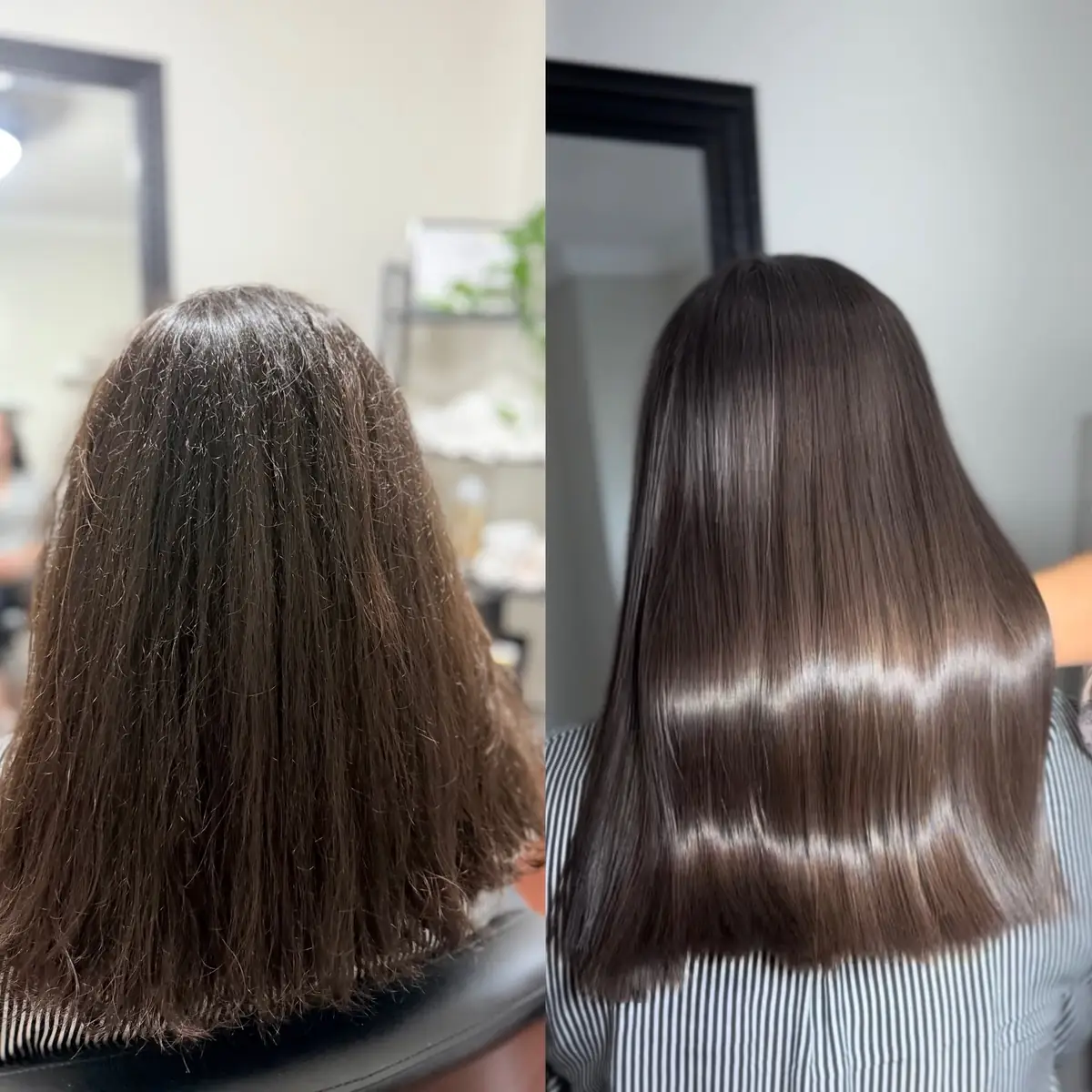 Before and after smooth brunette hair treatment at Sahar Beauty Studio